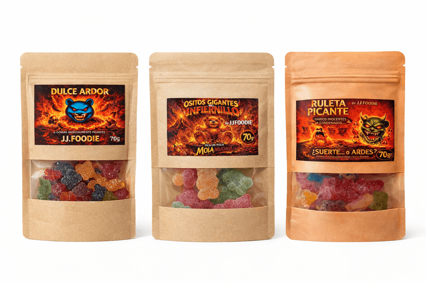 Pack 3 ositos gominola picante habanero Carolina Reaper artesanal J.J.Foodie