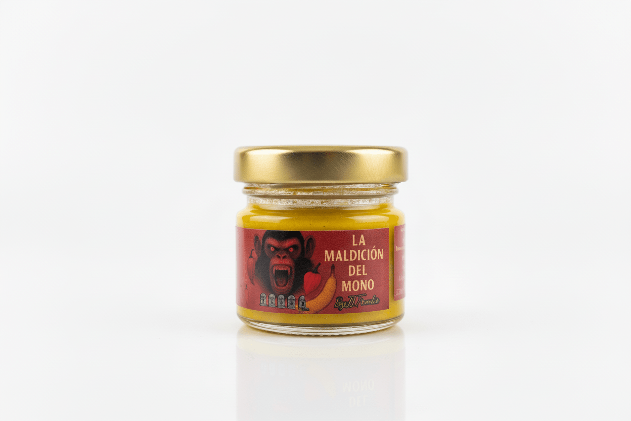 Salsa picante de banana habanero y carolina reaper 33ml maldicion del mono dulce picante intensa