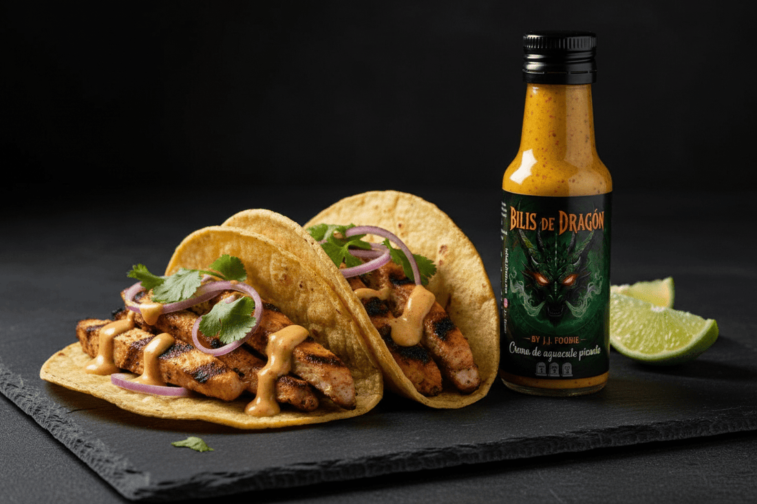 Tacos de Pollo con Salsa Picante de Aguacate | Receta con Bilis de Dragón