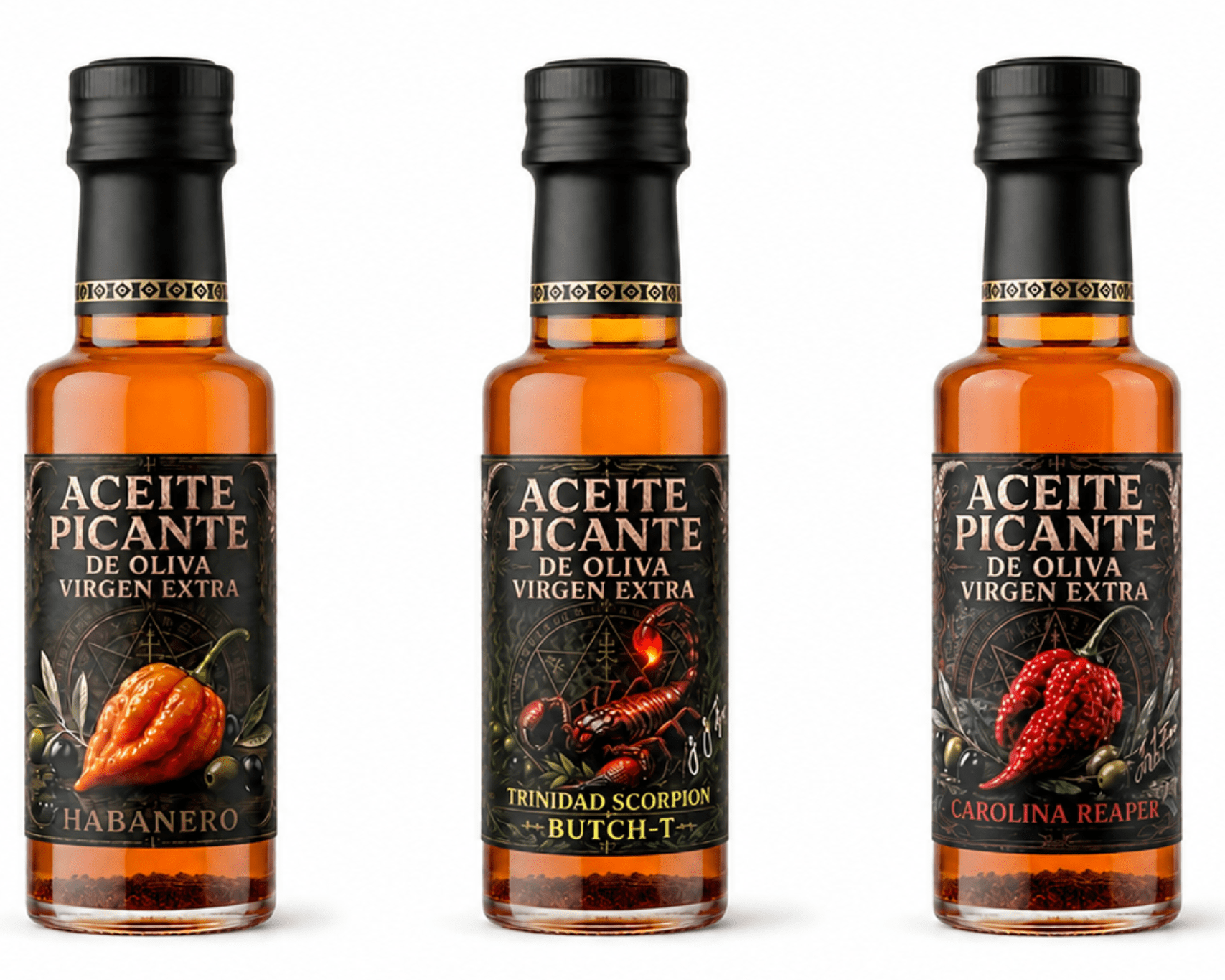 Pack Trilogía Picante - Aceites de Oliva Virgen Extra Habanero, Scorpion y Carolina Reaper 3x120m - J.J.Foodie