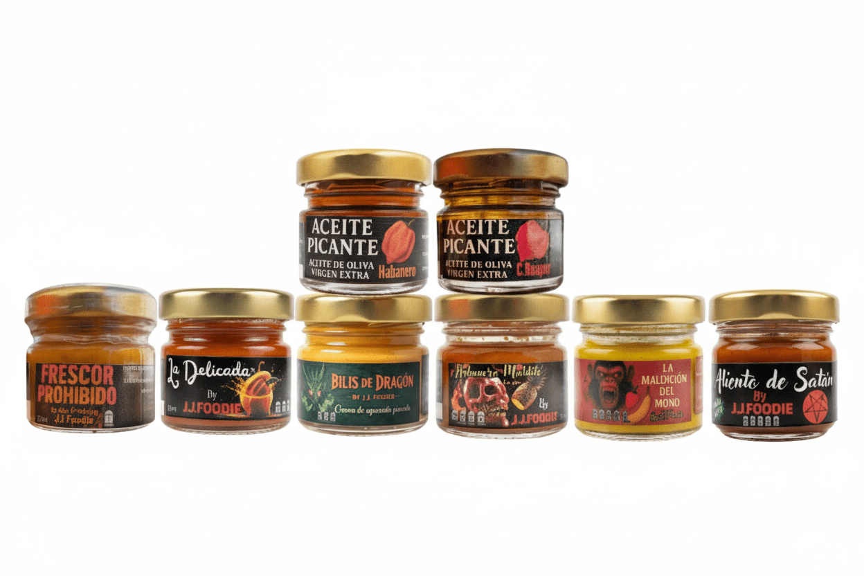 Pack Ritual - 6 Salsas picantes + 2 Aceites Picantes: Colección Completa 8x33ml - J.J.Foodie